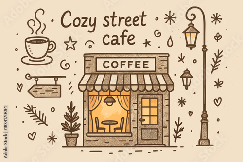 Cozy Street Cafe. Cozy street cafe. Hand-drawn doodle illustration of Cozy street cafe. Central doodle (coffee