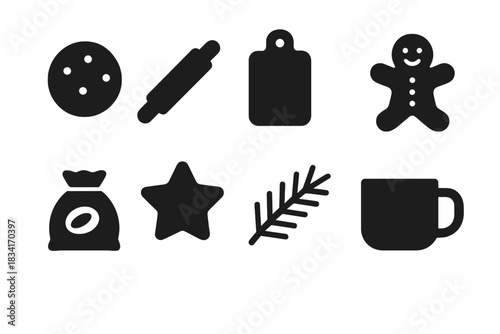Cozy Baking Icons. Cozy baking scene. Filled icon set of Cozy baking scene: cookie, rolling pin, cutting board
