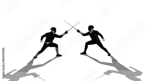 Silhouette fencing duel: two athletes sparring in dynamic combat pose