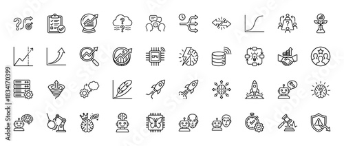 Business and artificial intelligence line icon set. Vector pictograms of growth chart, data analysis, strategy, cpu, robot, and rocket launch, thin outline illustration.