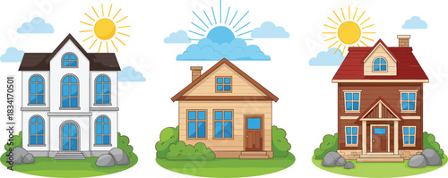 Residential house exteriors vector illustration set showing different home styles with sunny weather gardens and trees