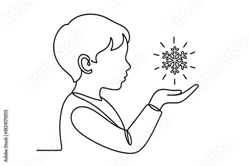 Magic Snowflake Wonder. Child with magical snowflake. Minimalistic one-line drawing child holding glowing