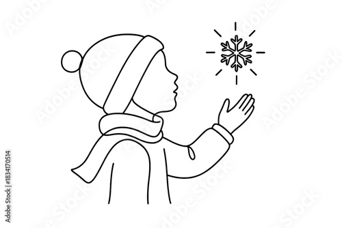 Enchanting Winter Moment. Magical winter discovery. Minimalistic one-line drawing small child admiring glowing