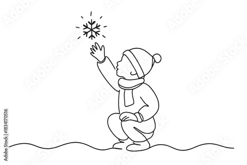 Child Reaching Snowflake. Winter wonder moment. Minimalistic one-line drawing child reaching for glowing