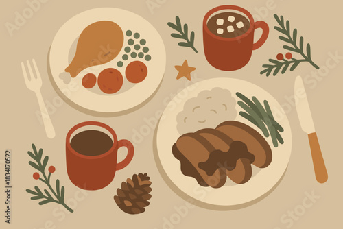 Cozy Festive Table. Cozy festive meal minimalist flat illustration of a flat table view with plates of food,