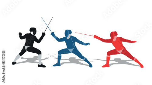 Dynamic silhouette of fencers engaged in competition on white background