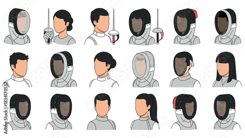 Fencing gear and diverse fencers collection in minimalist style