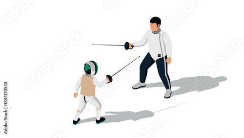 Dynamic fencing match between competitors on white background