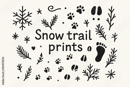 Winter Trail Doodles. Snow trail prints. Hand-drawn doodle illustration of Snow trail prints. Central doodle