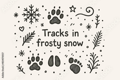 Snowy Tracks Illustration. Tracks in frosty snow. Hand-drawn doodle illustration of Tracks in frosty snow.