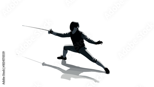 Dynamic fencer silhouette in mid-lunge with shadow on white background