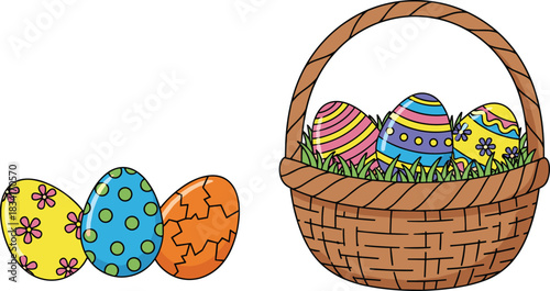 Easter eggs, festive basket, spring celebration, colorful decorations, holiday symbols, egg hunt, floral patterns, seasonal joy, cheerful design, tradition