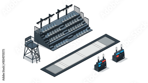 Isometric outdoor sports venue with bleachers and scoreboards