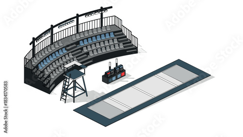 Isometric gymnastics arena with bleachers and equipment