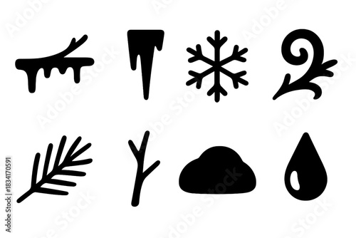 Icy Woodland Icons. Icy woodland details. Filled icon set of Icy woodland details: branch, icicle, snowflake,