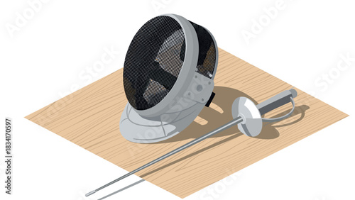 Isometric fencing equipment on wooden surface: mask and rapier