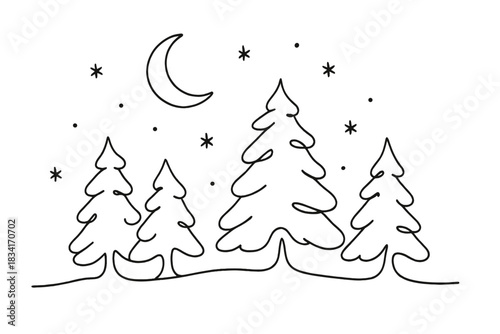 Whimsical Night Forest. Fairy tale forest night. Minimalistic one-line drawing whimsical snowy trees and
