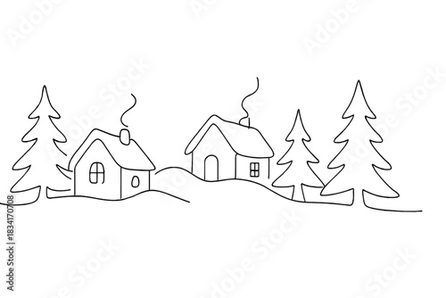 Minimalist Winter Village. Frozen fairy tale village. Minimalistic one-line drawing small cottages and pine