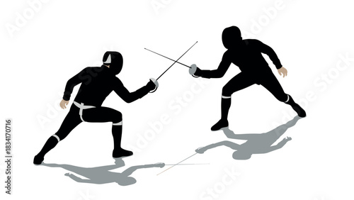 Dynamic silhouette of two fencers engaged in an intense duel
