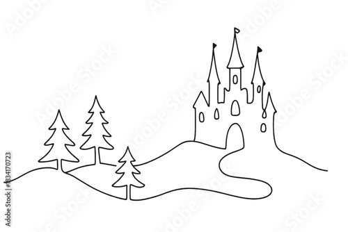 Minimalist Enchanted Landscape. Snow-covered enchanted land. Minimalistic one-line drawing hills, pine trees,