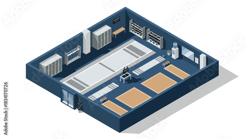 Modern isometric warehouse interior design with shelves and storage units