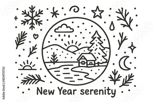 New Year Serenity. New Year serenity. Hand-drawn doodle illustration of New Year serenity. Central doodle