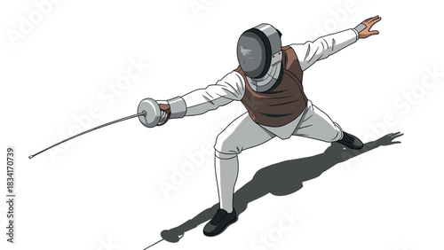 Dynamic fencer in action pose with shadow on neutral background