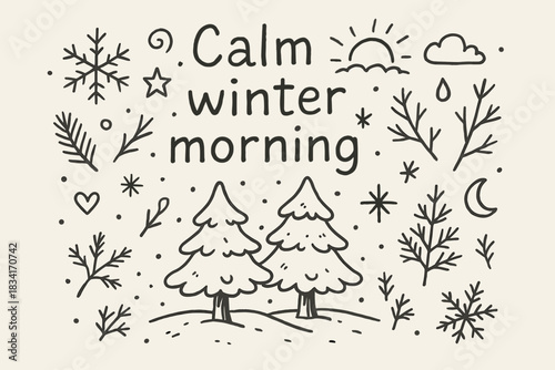 Calm Winter Doodle. Calm winter morning. Hand-drawn doodle illustration of Calm winter morning. Central doodle