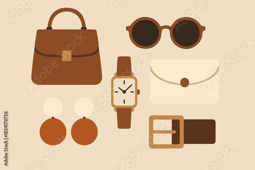 Minimalist Fashion Aesthetic. Curated fashion flat lay minimalist flat illustration of small accessories