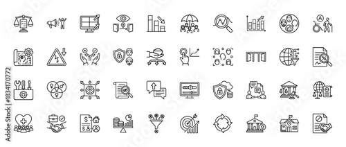 Business, corporate governance, and ethics line icon set. Vector pictograms of legal balance, charts, security, and diversity, thin outline illustration.