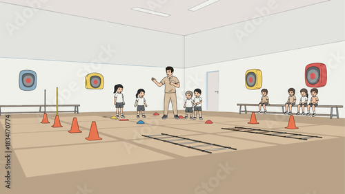 Children in gym class engaging in physical activities with instructor