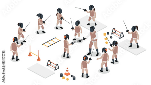 Isometric fencing training scene with diverse fencers practicing in a gym environment