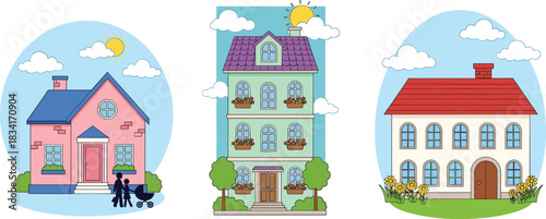 Residential houses vector illustration set featuring family home apartment building and suburban property exteriors