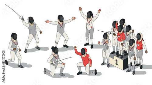 Dynamic isometric fencing championship scene with celebrating athletes