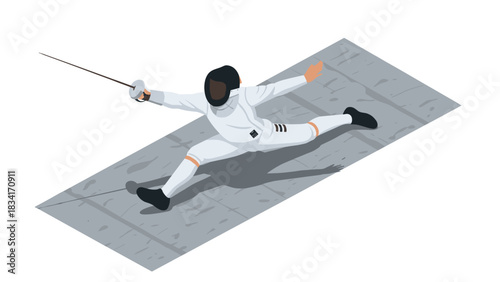 Isometric fencing action: athlete in dynamic pose on gray mat