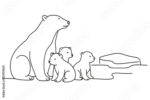 Minimalist Polar Bears. Polar bear family scene. Minimalistic one-line drawing mother bear and cubs near ice