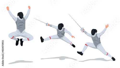 Dynamic fencing poses in flat design with energetic movements