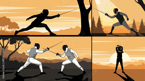 Fencing silhouettes and action scenes at sunset in dynamic designs