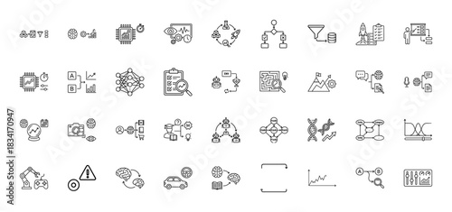 Artificial intelligence line icon set. Vector pictograms of machine learning, deep learning, algorithms, and data analysis, thin outline illustration.