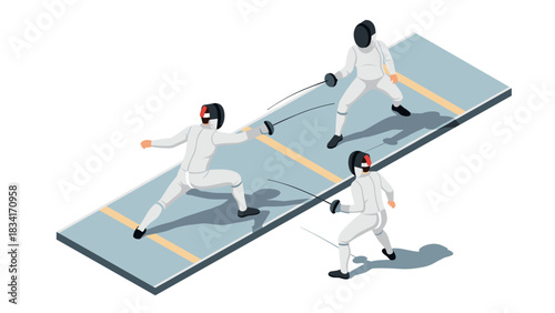 Isometric fencing duel on platform with three competitors in action