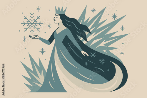 Snowy Queen Illustration. Snowy enchantress minimalist flat illustration of a queen with flowing icy gown and