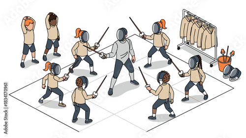Fencing class for kids: engaging team warm-up and practice in isometric style