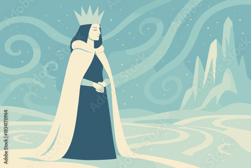 Arctic Fantasy Queen. Arctic fantasy queen minimalist flat illustration of a regal figure standing in a snowy