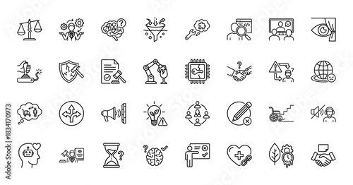 Ethical dilemma and business challenges line icon set. Vector pictograms of risk, justice, psychology, ai, accessibility, security, thin outline illustration.