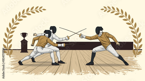 Dynamic fencing duel in action with laurel and trophy background