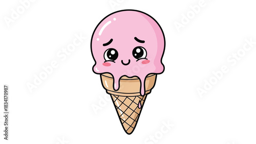 Adorable Ice Cream: A cute cartoon illustration of an ice cream cone, melting and looking sad, evokes feelings of warmth, sweetness, and the fleeting nature of joy.