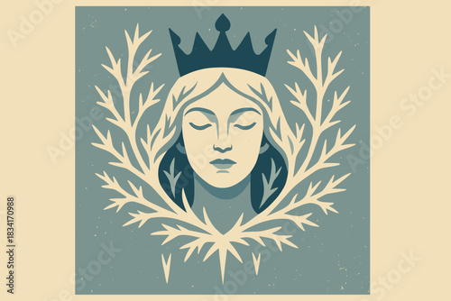 Icy Monarch Silhouette. Winter monarch minimalist flat illustration of a stylized queen with crown and icy