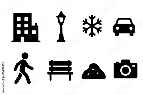 Winter City Icons. Street photography in winter city. Filled icon set of Street photography in winter city: