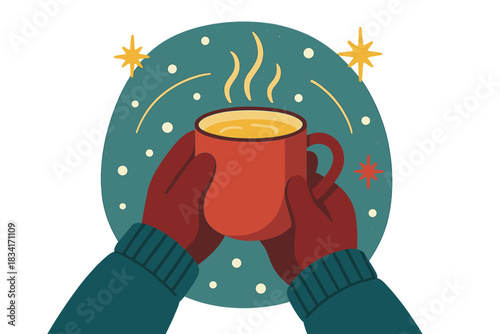 Winter Gloves and Warmth. Winter comfort. Hands in gloves hold a warm drink by softly falling snow, floating
