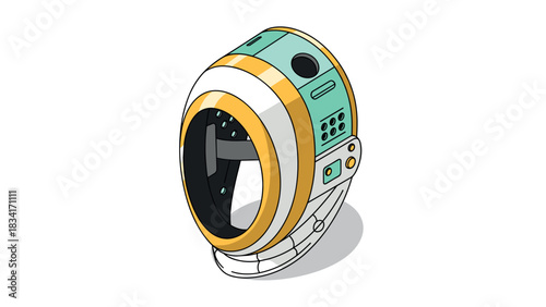 Futuristic space helmet design with isometric style and bold colors